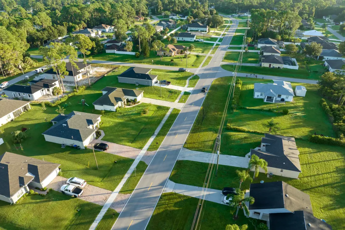 Aerial view of a suburban neighborhood.