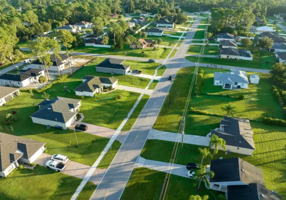 Aerial view of a suburban neighborhood.